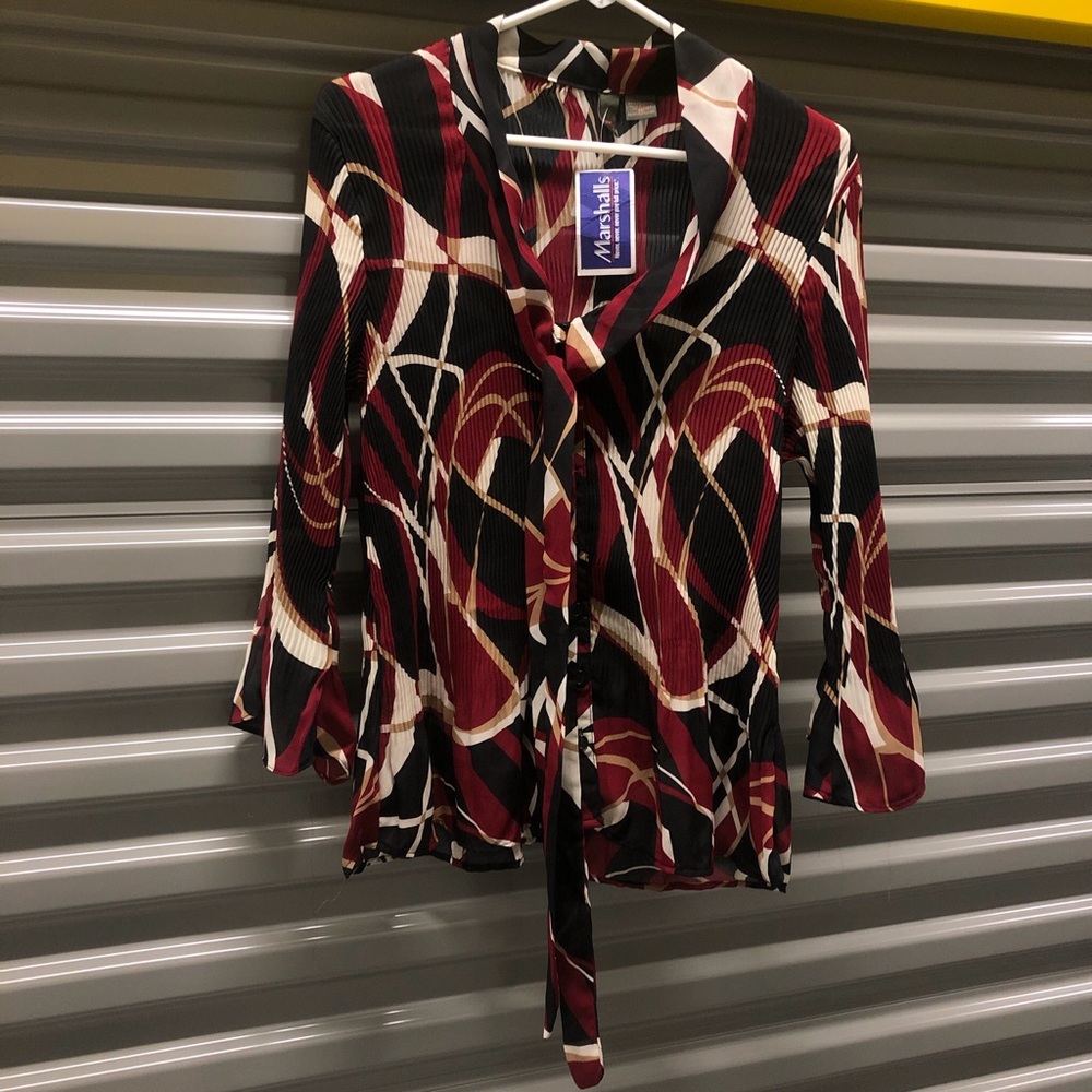 Y2K Serenade Red & black sheer abstract print blouse with tie front